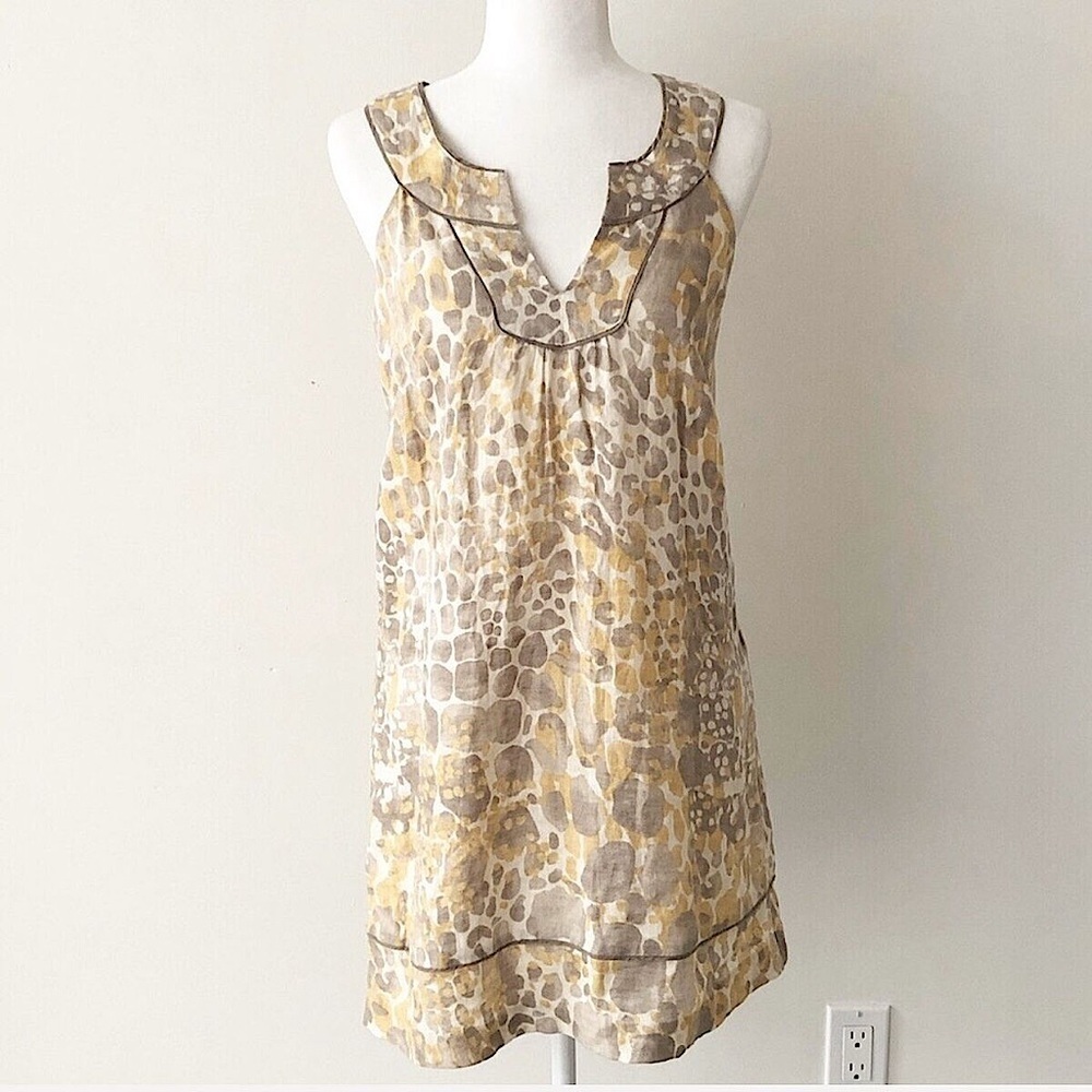 Ann Taylor LOFT | Taupe & Yellow Notch Neck Linen Shift Dress